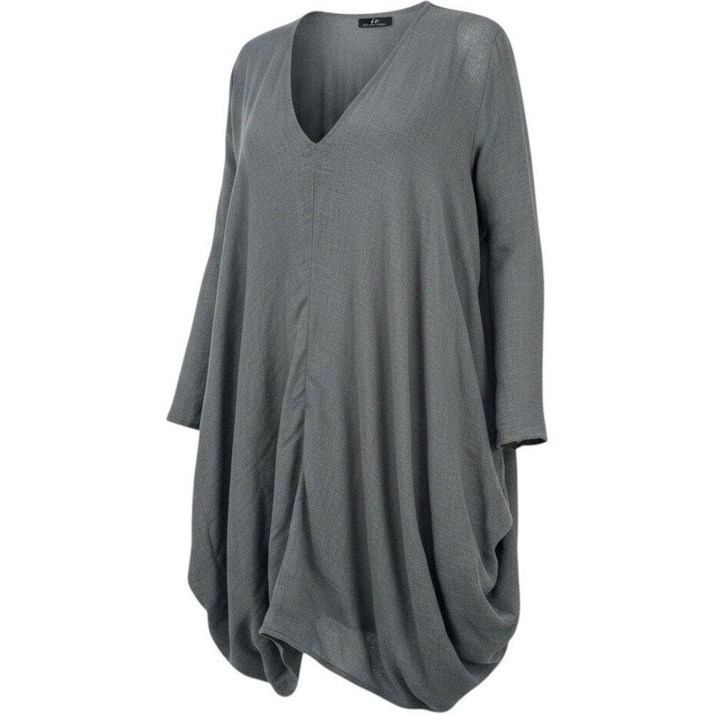IC Collection Small Gray 100% Linen Layered Draped Tunic Top V-Neck USA Made